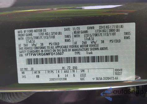 2021 Ford F150 Raptor z USA, uszkodzony, nr VIN 1FTFW1RG6MFD13507